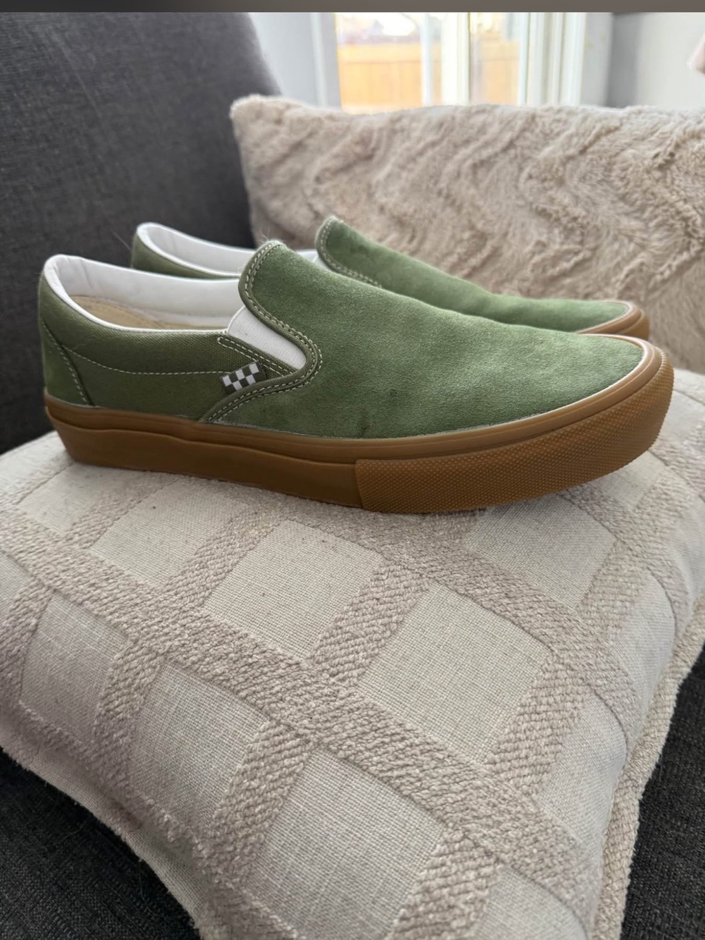 Vans Suede Slip-On in Olive Green with Gum Sole